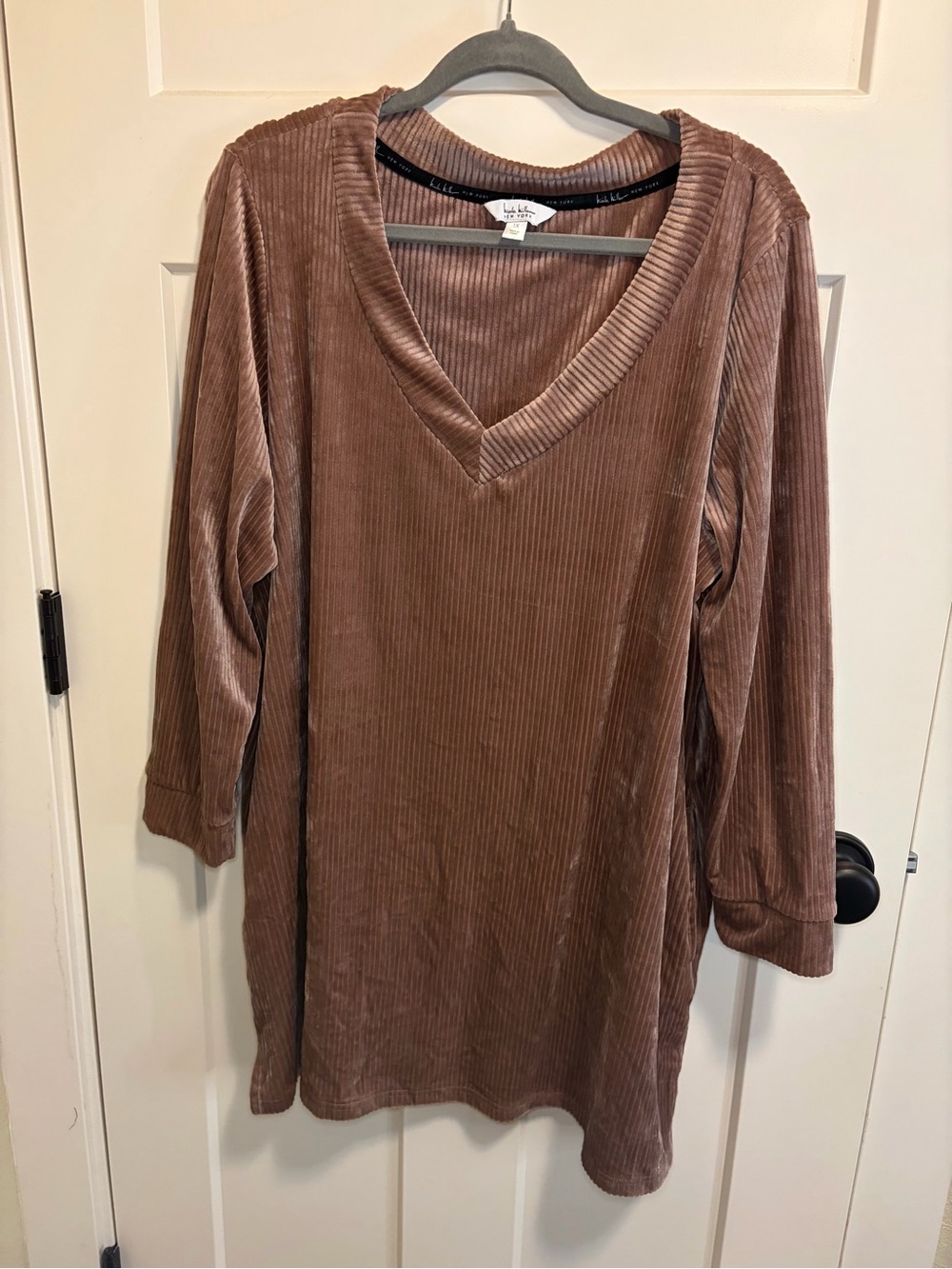 Nicole Miller Ribbed Velvet V-Neck Dress in Taupe